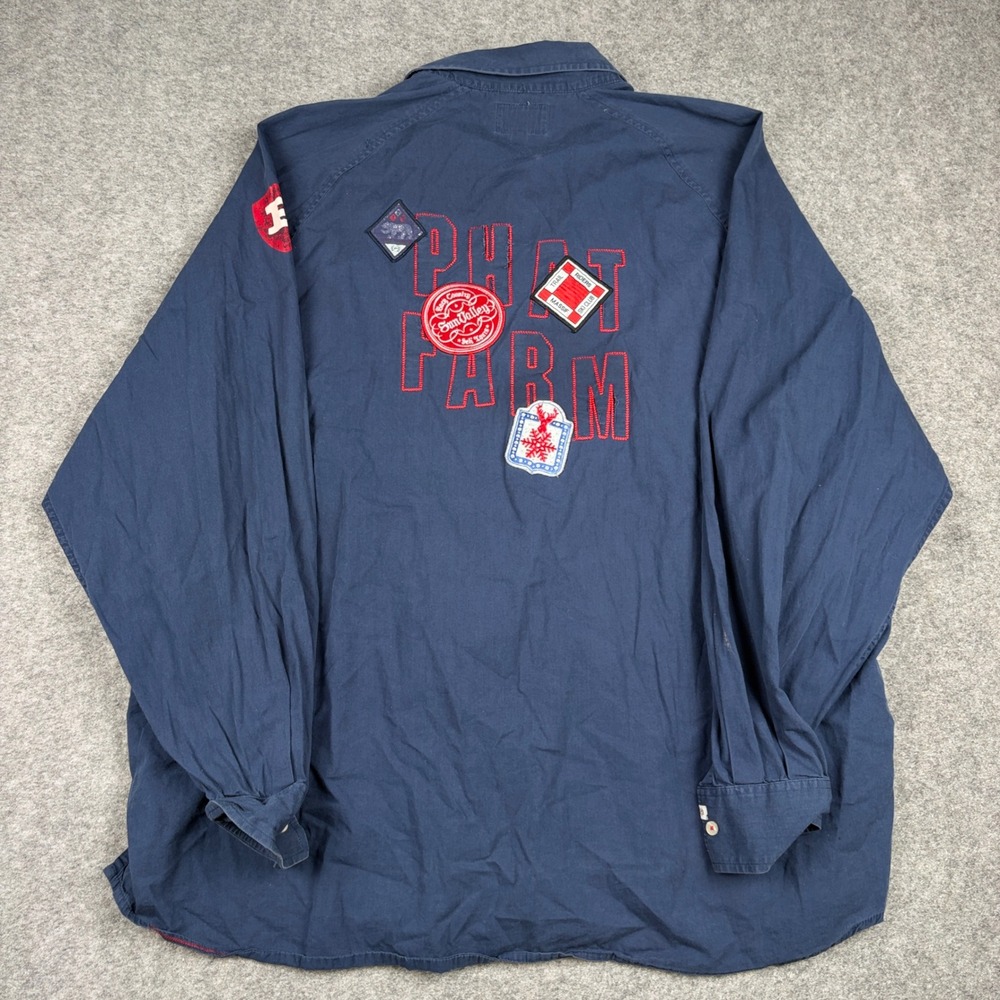 Phat Farm Button Up Shirt Mens 4XL Navy Blue Y2K Streetwear Graphic Long Sleeve - Picture 9 of 13